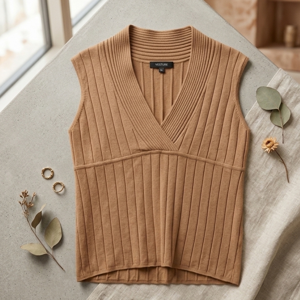 Reitmans XL Brown Ribbed V-Neck Sweater Vest Dark Academia Minimalist
